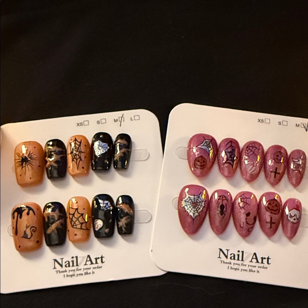 Halloween Nail Art Double Set. Pink coffin and orange &black square.Medium adult